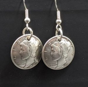 Vintage Silver Domed Polished Mercury Dime Drop Hook Earrings